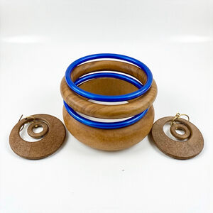 Vintage Boho Wood Bangle Lot Blue Plastic Bangles with Wood Circle Earrings